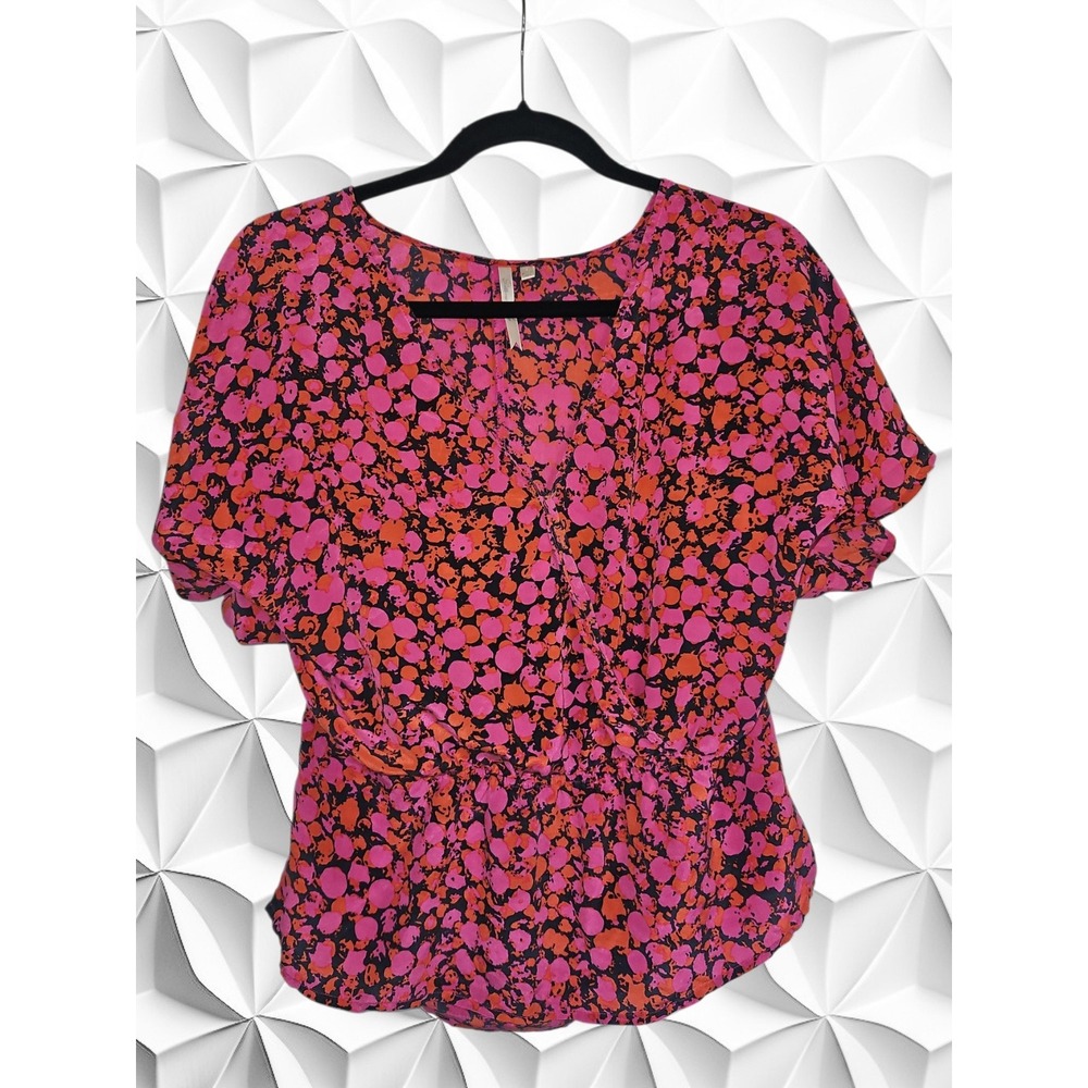 Petticoat Alley 100% Silk Surplice Blouse Pink Orange Floral Dot Print Size S